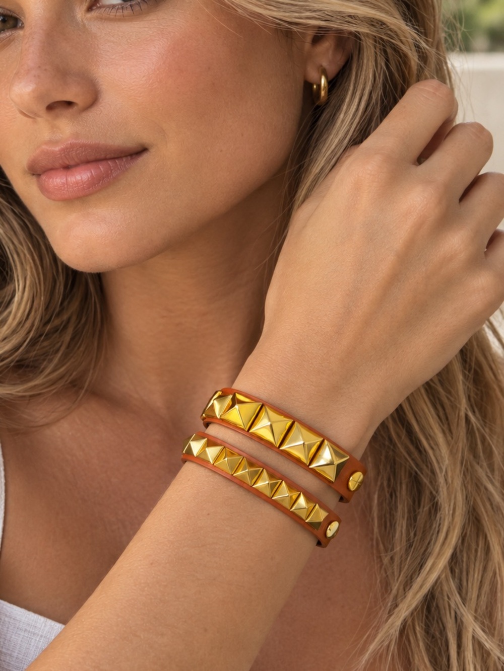 ⭐️ Gold Pyramid Stud Tan Leather Bracelets - Women's Accessory